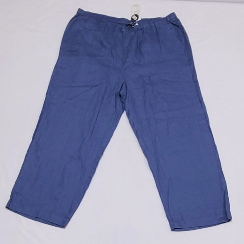 Eileen Fisher Blue 100% Organic Linen Elastic Waist Straight Leg Pants XL NWT